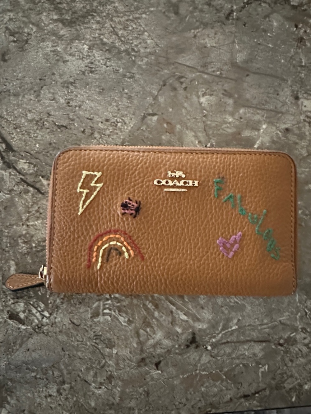 Coach Brown Leather Zip Wallet with Colorful Embroidered Patches